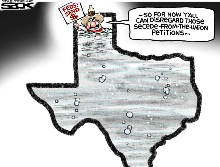 Political/Editorial Cartoon by Steve Sack, Minneapolis Star Tribune on Record Rain Drowns Texas
