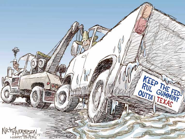 Political/Editorial Cartoon by Nick Anderson, Houston Chronicle on Record Rain Drowns Texas