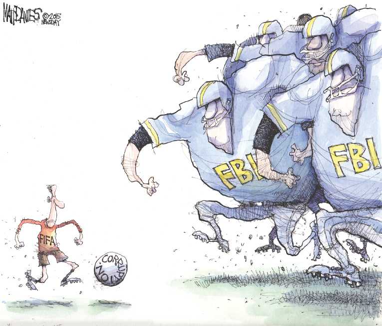 Political/Editorial Cartoon by Matt Davies, Journal News on US Indicts Soccer Officials
