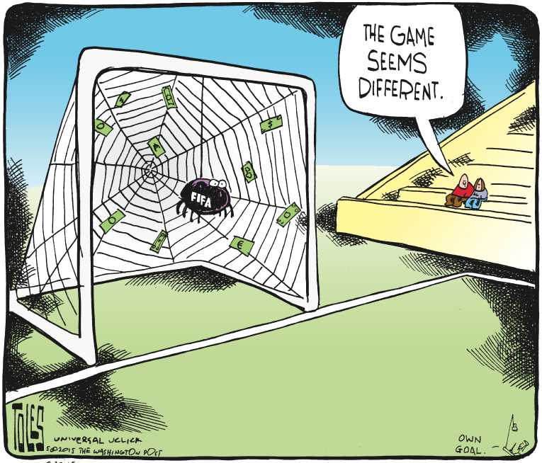 Political/Editorial Cartoon by Tom Toles, Washington Post on US Indicts Soccer Officials