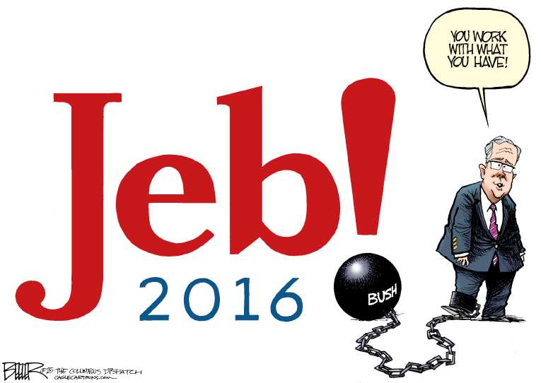 Political/Editorial Cartoon by Nate Beeler, Washington Examiner on Jeb & Trump Declare