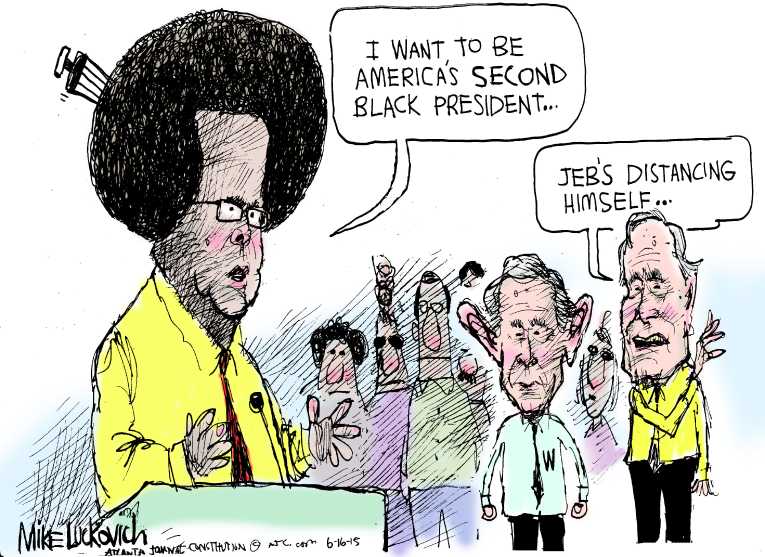 Political/Editorial Cartoon by Mike Luckovich, Atlanta Journal-Constitution on Jeb & Trump Declare