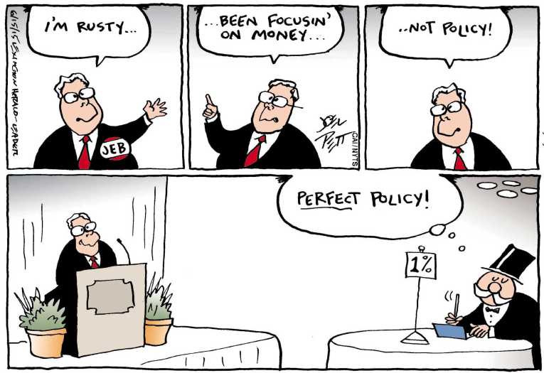 Political/Editorial Cartoon by Joel Pett, Lexington Herald-Leader, CWS/CartoonArts Intl. on Jeb & Trump Declare