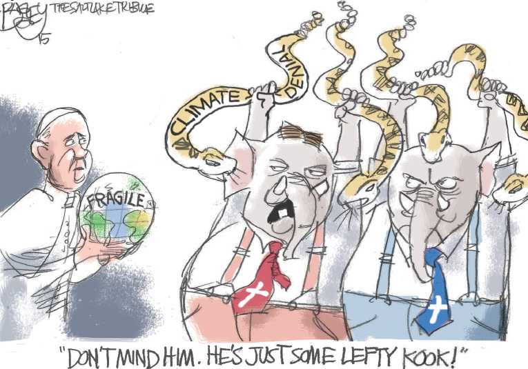 Political/Editorial Cartoon by Pat Bagley, Salt Lake Tribune on Pope Upsets Republicans