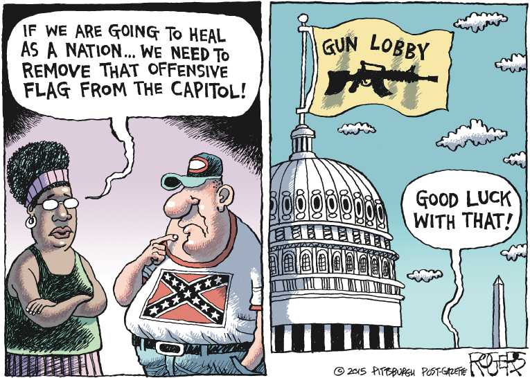 Political/Editorial Cartoon by Rob Rogers, The Pittsburgh Post-Gazette on 9 Shot Dead in Charleston Church