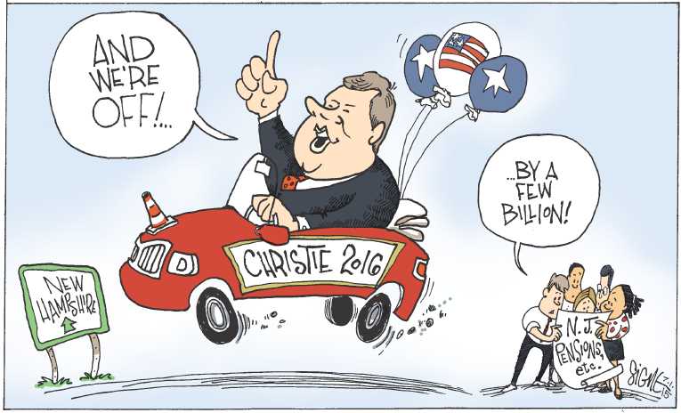 Political/Editorial Cartoon by Signe Wilkinson, Philadelphia Daily News on Trump, Christie Join Race