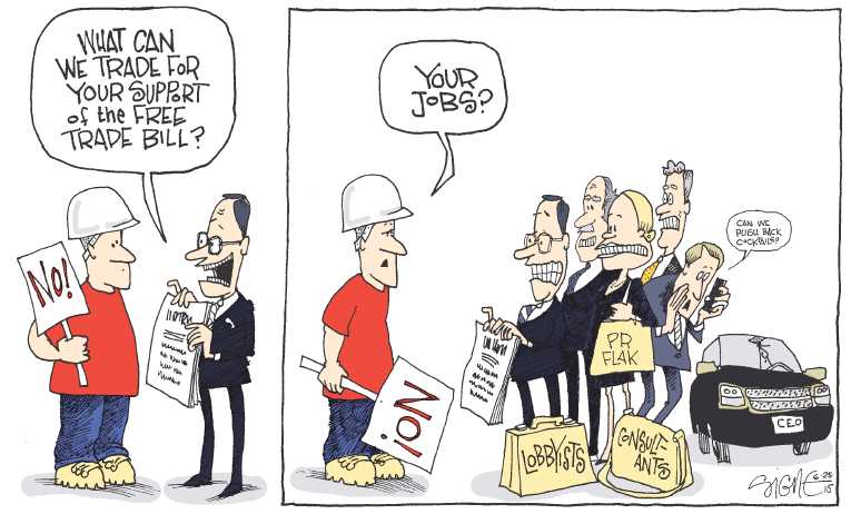 Political/Editorial Cartoon by Signe Wilkinson, Philadelphia Daily News on Congress OKs Fast-track Authority
