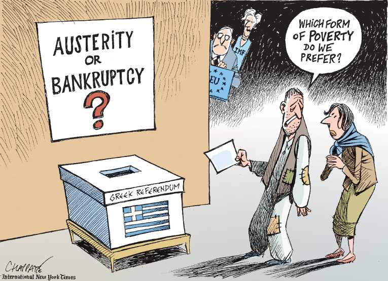 Political/Editorial Cartoon by Patrick Chappatte, International Herald Tribune on Greece Defaults
