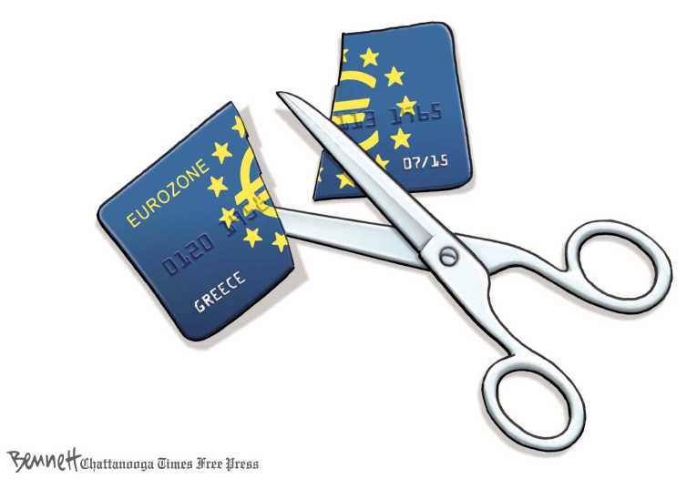 Political/Editorial Cartoon by Clay Bennett, Chattanooga Times Free Press on Greece Defaults
