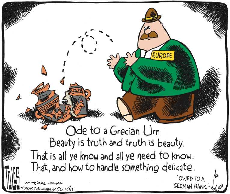 Political/Editorial Cartoon by Tom Toles, Washington Post on Greece Defaults