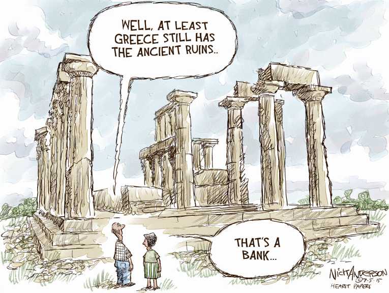Political/Editorial Cartoon by Nick Anderson, Houston Chronicle on Greece Defaults