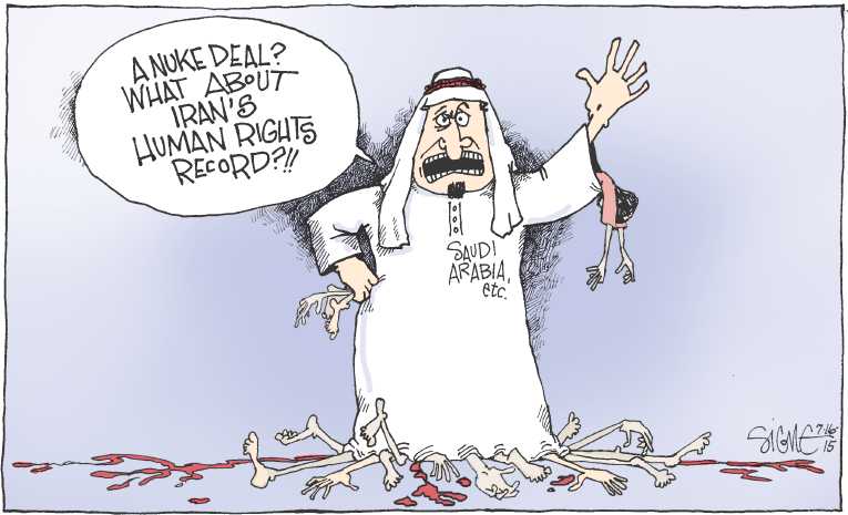 Political/Editorial Cartoon by Signe Wilkinson, Philadelphia Daily News on Iran Nuke Deal Reached