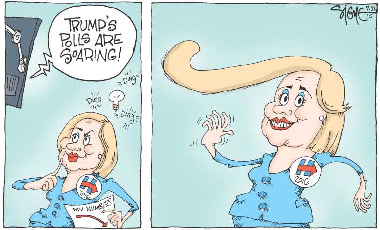 Political/Editorial Cartoon by Signe Wilkinson, Philadelphia Daily News on Hillary’s Poll Numbers Decline