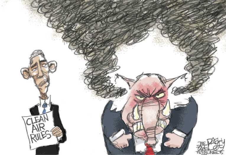Political/Editorial Cartoon by Pat Bagley, Salt Lake Tribune on President Tightens Emissions Rules