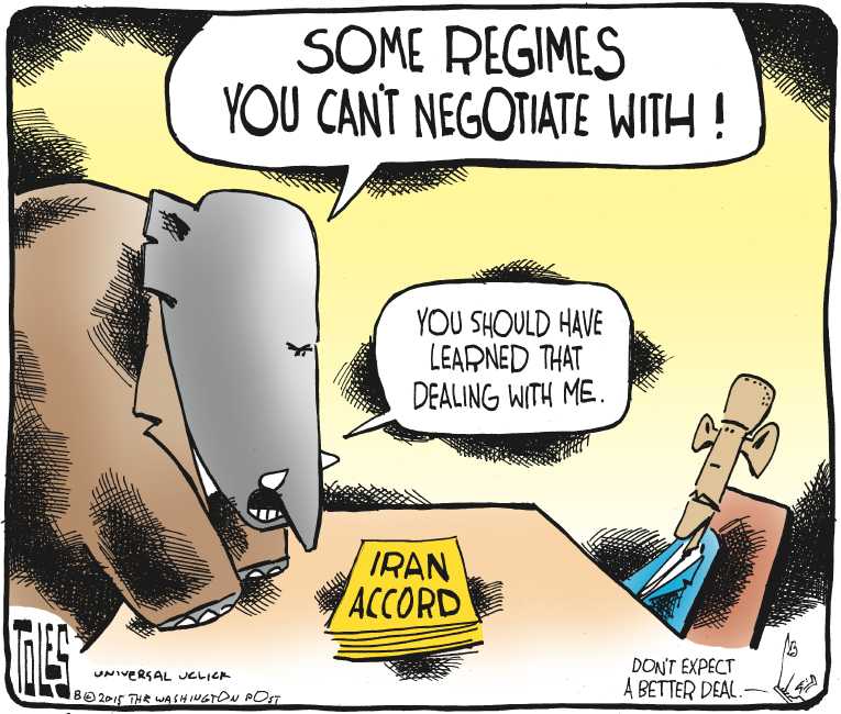 Political/Editorial Cartoon by Tom Toles, Washington Post on Republicans Outraged by Iran Deal