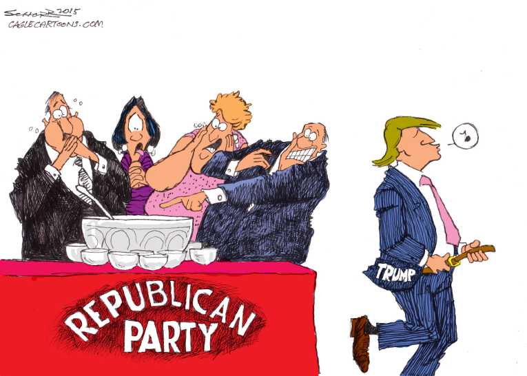 Political/Editorial Cartoon by Bill Schorr, Cagle Cartoons on Trump Making Splash