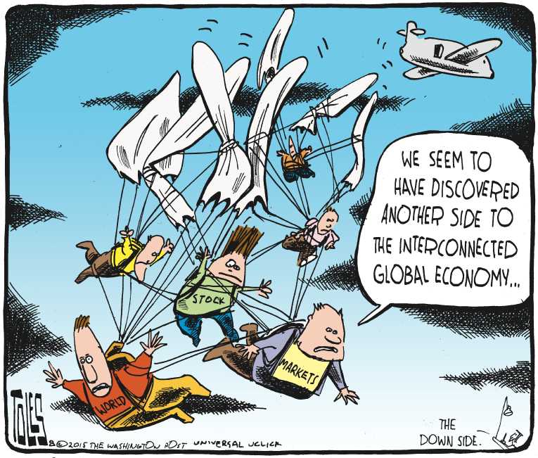 Political/Editorial Cartoon by Tom Toles, Washington Post on World Markets Plummet