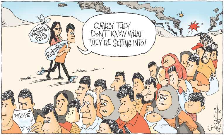 Political/Editorial Cartoon by Signe Wilkinson, Philadelphia Daily News on Refugee Crisis Worsens