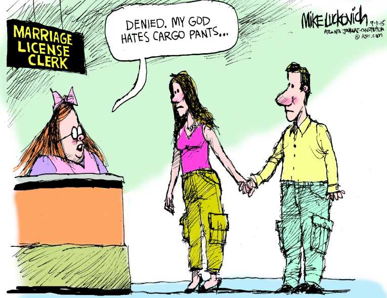 Political/Editorial Cartoon by Mike Luckovich, Atlanta Journal-Constitution on Kentucky Clerk Returns to Job