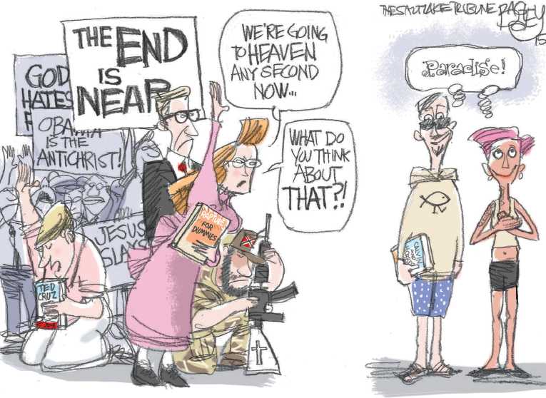 Political/Editorial Cartoon by Pat Bagley, Salt Lake Tribune on Kentucky Clerk Returns to Job