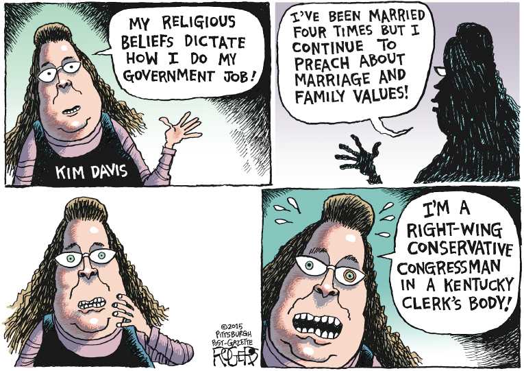 Political/Editorial Cartoon by Rob Rogers, The Pittsburgh Post-Gazette on Kentucky Clerk Returns to Job