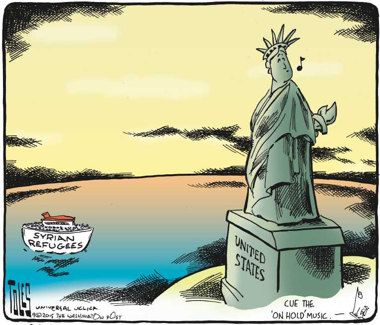 Political/Editorial Cartoon by Tom Toles, Washington Post on Refugee Crisis Spreads