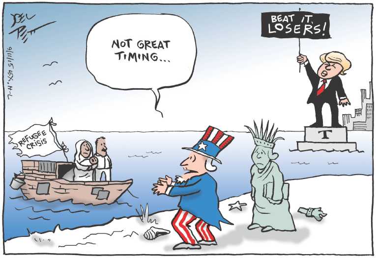 Political/Editorial Cartoon by Joel Pett, Lexington Herald-Leader, CWS/CartoonArts Intl. on Refugee Crisis Spreads