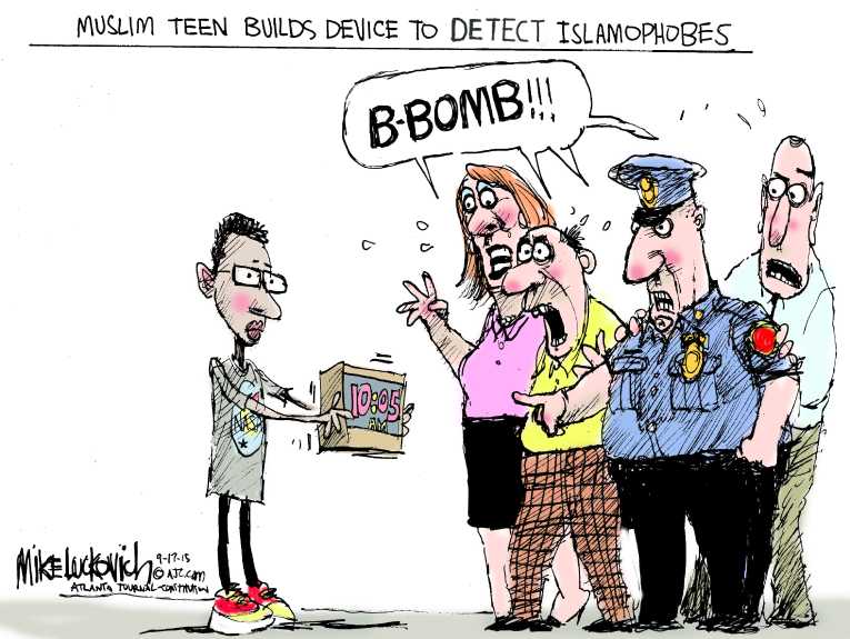 Political/Editorial Cartoon by Mike Luckovich, Atlanta Journal-Constitution on Bomb Scare at School