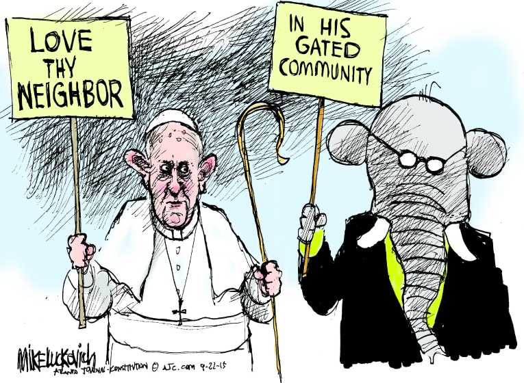 Political/Editorial Cartoon by Mike Luckovich, Atlanta Journal-Constitution on Pope Visits Cuba and US