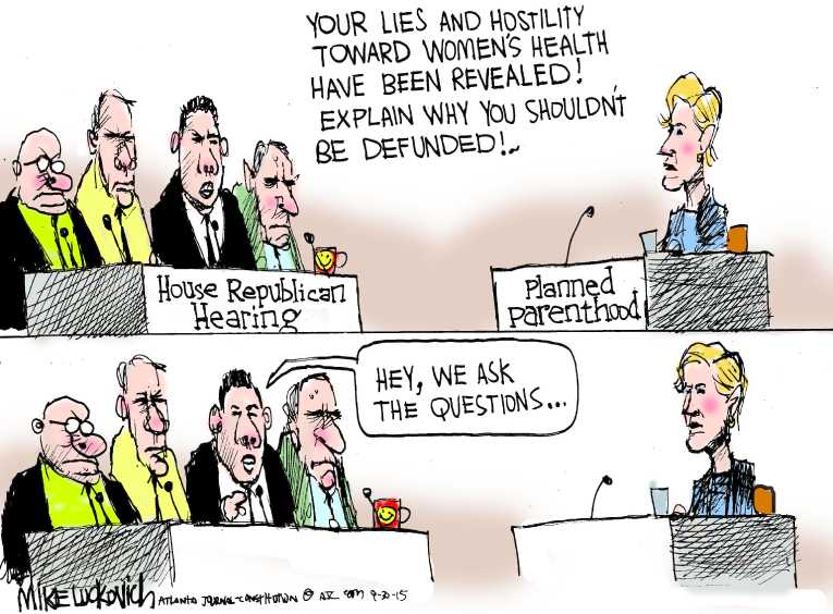 Political/Editorial Cartoon by Mike Luckovich, Atlanta Journal-Constitution on Planned Parenthood Hearing Held