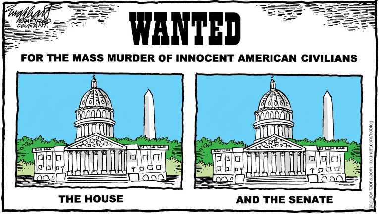 Political/Editorial Cartoon by Bob Engelhart, Hartford Courant on Gunman Kills 13