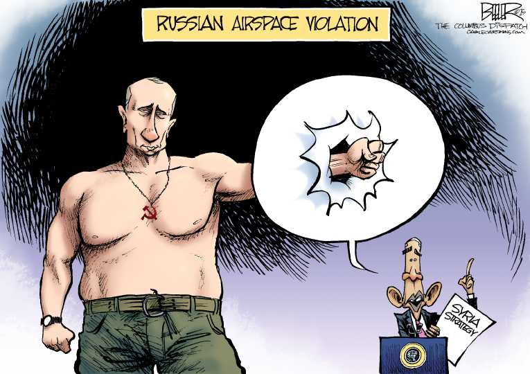 Political/Editorial Cartoon by Nate Beeler, Washington Examiner on Russia Bombs Syrian Rebels