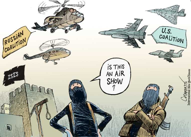 Political/Editorial Cartoon by Patrick Chappatte, International Herald Tribune on Russia Bombs Syrian Rebels