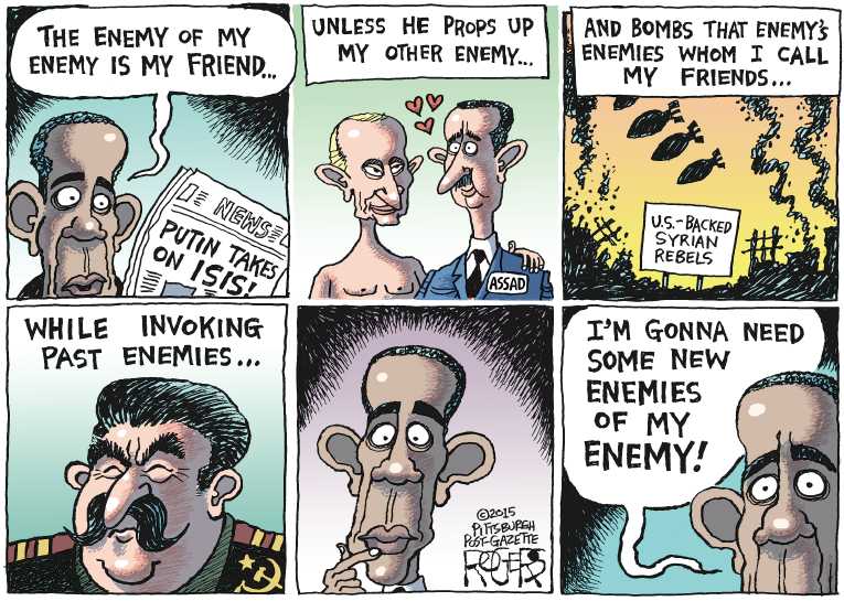 Political/Editorial Cartoon by Rob Rogers, The Pittsburgh Post-Gazette on Russia Bombs Syrian Rebels