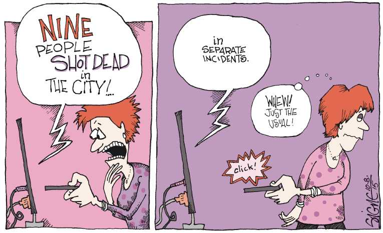 Political/Editorial Cartoon by Signe Wilkinson, Philadelphia Daily News on Gunman Kills 6