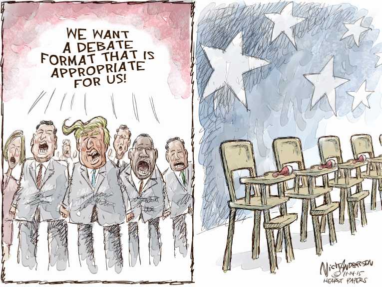 Political/Editorial Cartoon by Nick Anderson, Houston Chronicle on Candidates Cry Foul