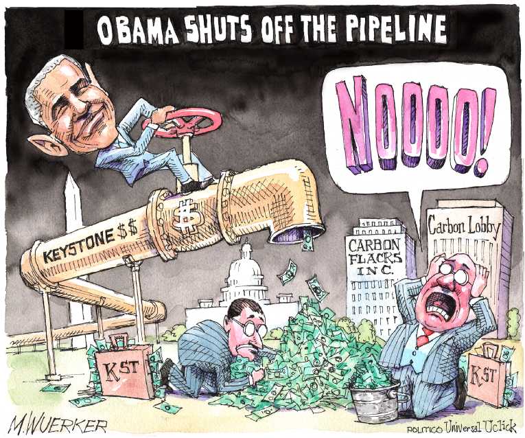 Political/Editorial Cartoon by Matt Wuerker, Politico on Keystone Pipeline Deal Dead