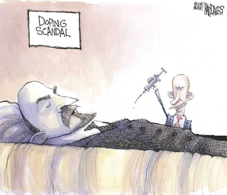 Political/Editorial Cartoon by Matt Davies, Journal News on Russia Admits to Doping
