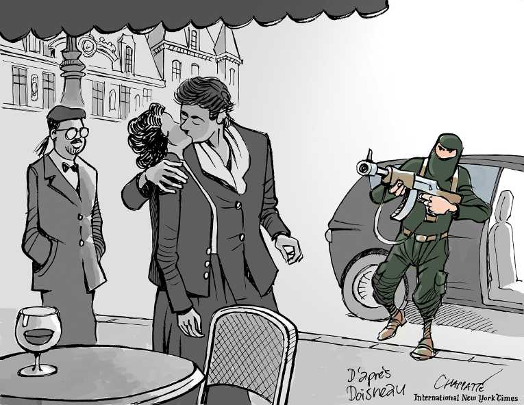 Political/Editorial Cartoon by Patrick Chappatte, International Herald Tribune on Terror Strikes Paris