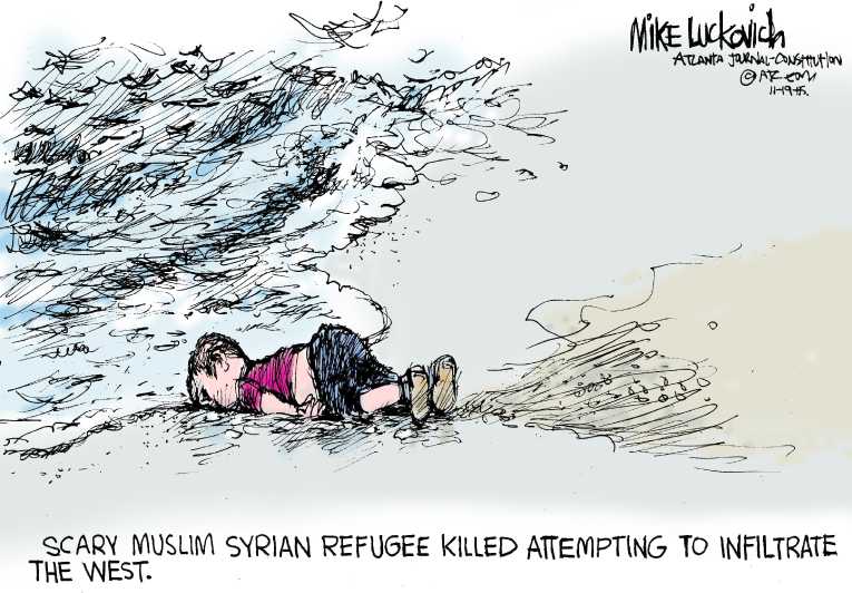 Political/Editorial Cartoon by Mike Luckovich, Atlanta Journal-Constitution on Refugee Crisis Worsens