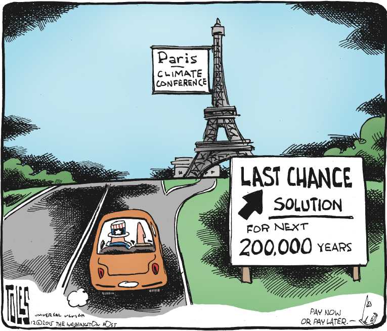 Political/Editorial Cartoon by Tom Toles, Washington Post on World’s Leaders Discuss Climate
