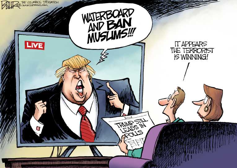 Political/Editorial Cartoon by Nate Beeler, Washington Examiner on Trump: Ban Muslims