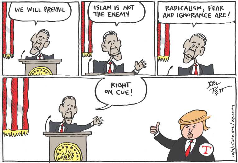 Political/Editorial Cartoon by Joel Pett, Lexington Herald-Leader, CWS/CartoonArts Intl. on Trump: Ban Muslims