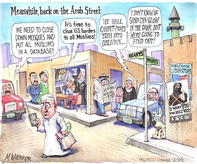 Political/Editorial Cartoon by Matt Wuerker, Politico on Trump: Ban Muslims