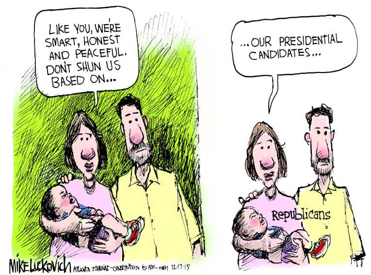 Political/Editorial Cartoon by Mike Luckovich, Atlanta Journal-Constitution on Refugee Debate Rages