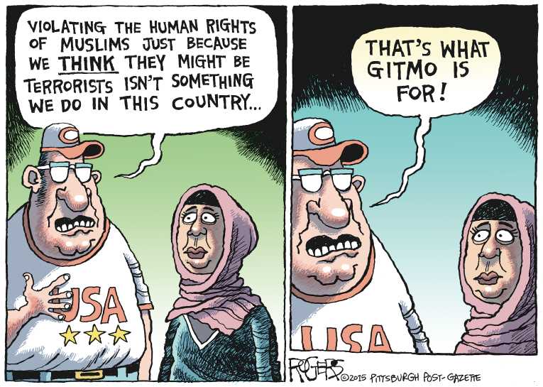 Political/Editorial Cartoon by Rob Rogers, The Pittsburgh Post-Gazette on Refugee Debate Rages