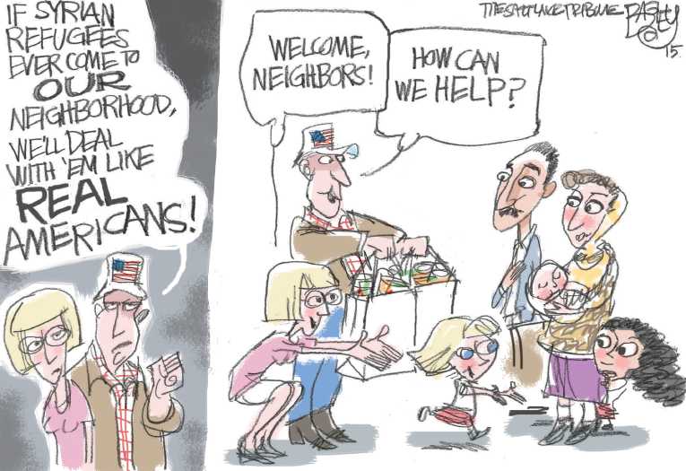 Political/Editorial Cartoon by Pat Bagley, Salt Lake Tribune on Refugee Debate Rages