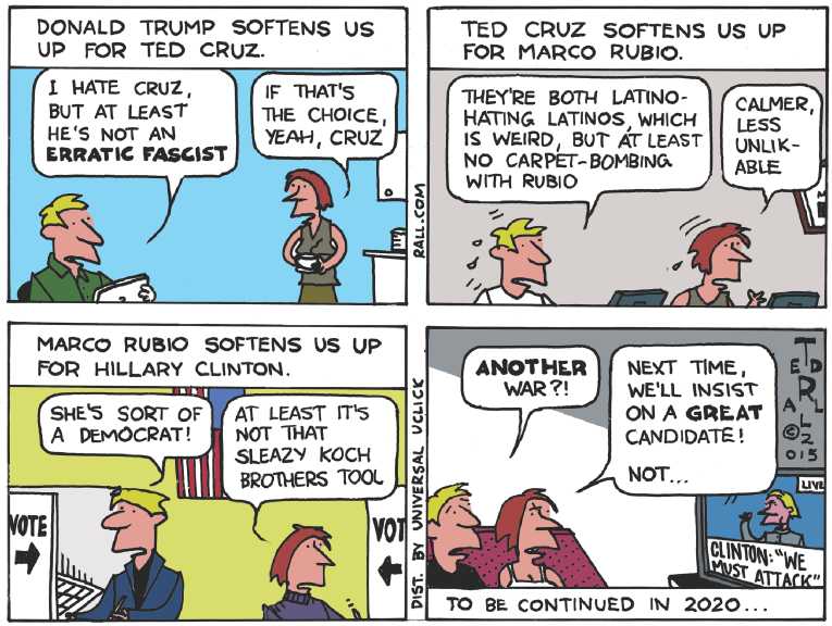 Political/Editorial Cartoon by Ted Rall on GOP Candidates Offer Solutions