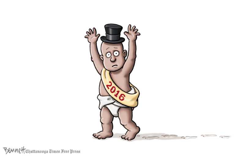Political/Editorial Cartoon by Clay Bennett, Chattanooga Times Free Press on 2016 Begins With Hopes Tempered