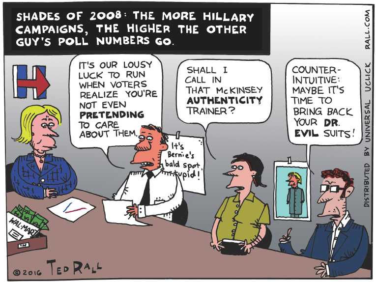 Political/Editorial Cartoon by Ted Rall on Sanders Leads in Iowa and NH